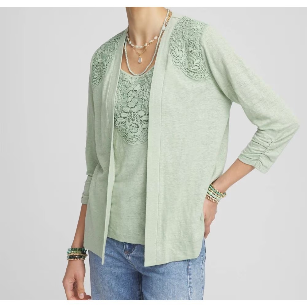 EUC Chico's lace 100% linen tank top and cardigan set green coastal size 3 / XL